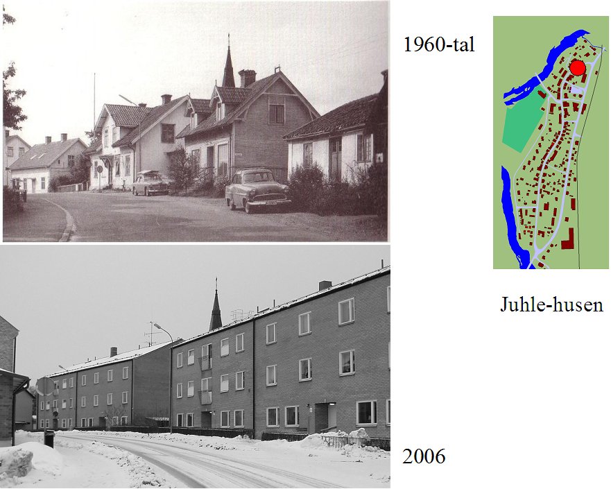 Str&ouml;mstugan till h&ouml;ger var samh&auml;llets &auml;ldsta byggnad n&auml;r den revs 1967